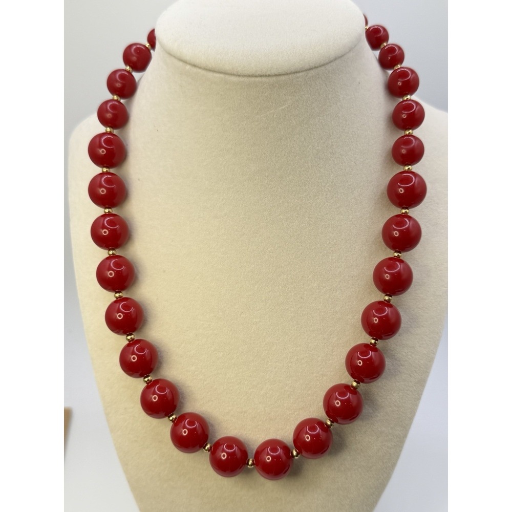 Vintage MONET Red Beaded Necklace Graduated Statement Necklace Gold Tone 18 Inch